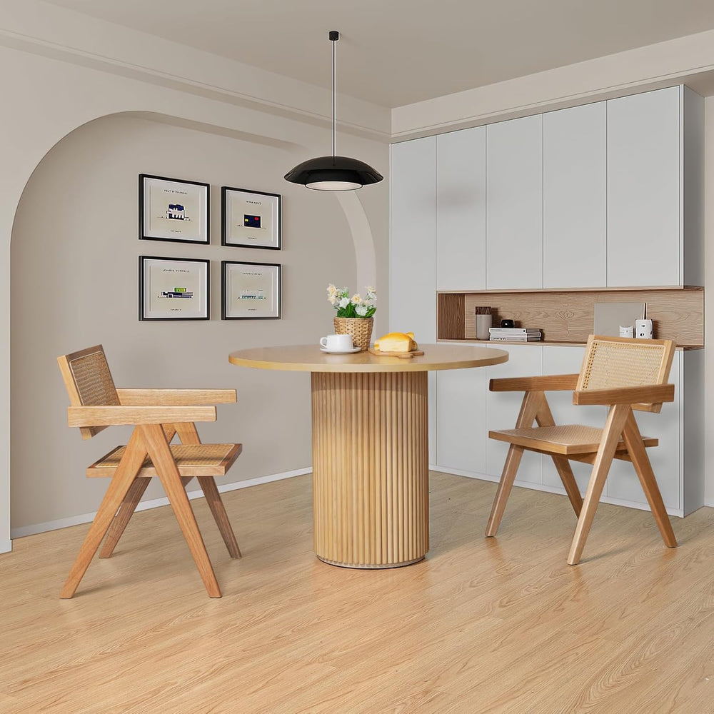 35'' Round Pedestal Dining Table, Solid Wood Base, Modern Fluted Tabl...