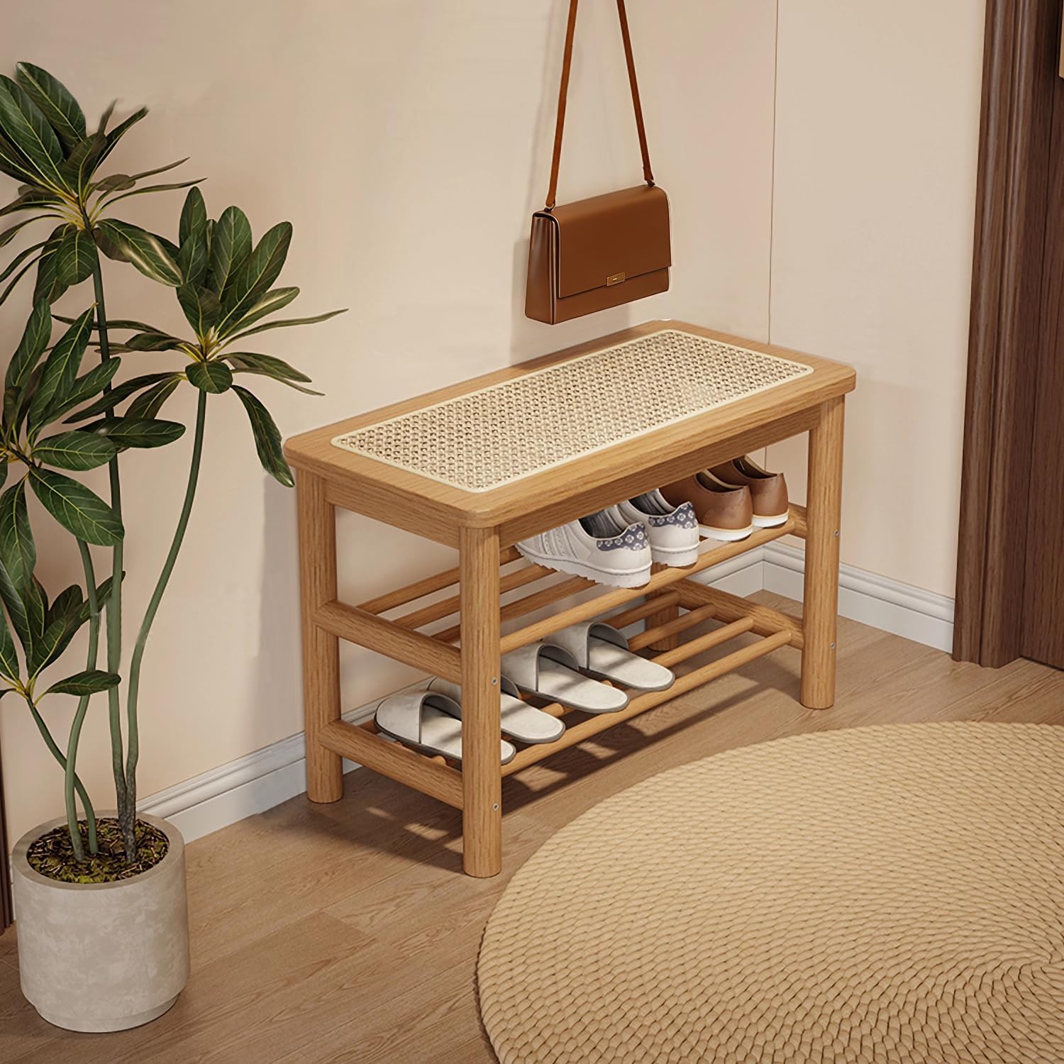 SOBIBO Bamboo Shoe Rack Bench with Rattan Seat, 3-Tier Shoe Storage Bench, Entryway Bench for Hallway Nature-23.62 inches