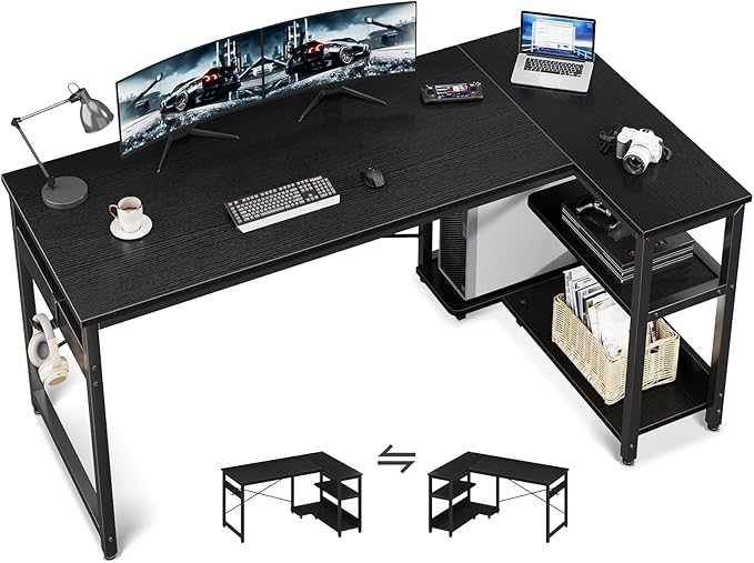 Casaottima L Shaped Computer Desk, 55 Inch Small Corner Desk with Storage Shelves & PC Stand, Reversible Gaming Desk for Bedroom, Modern Writing Study Table for Home Office, Black