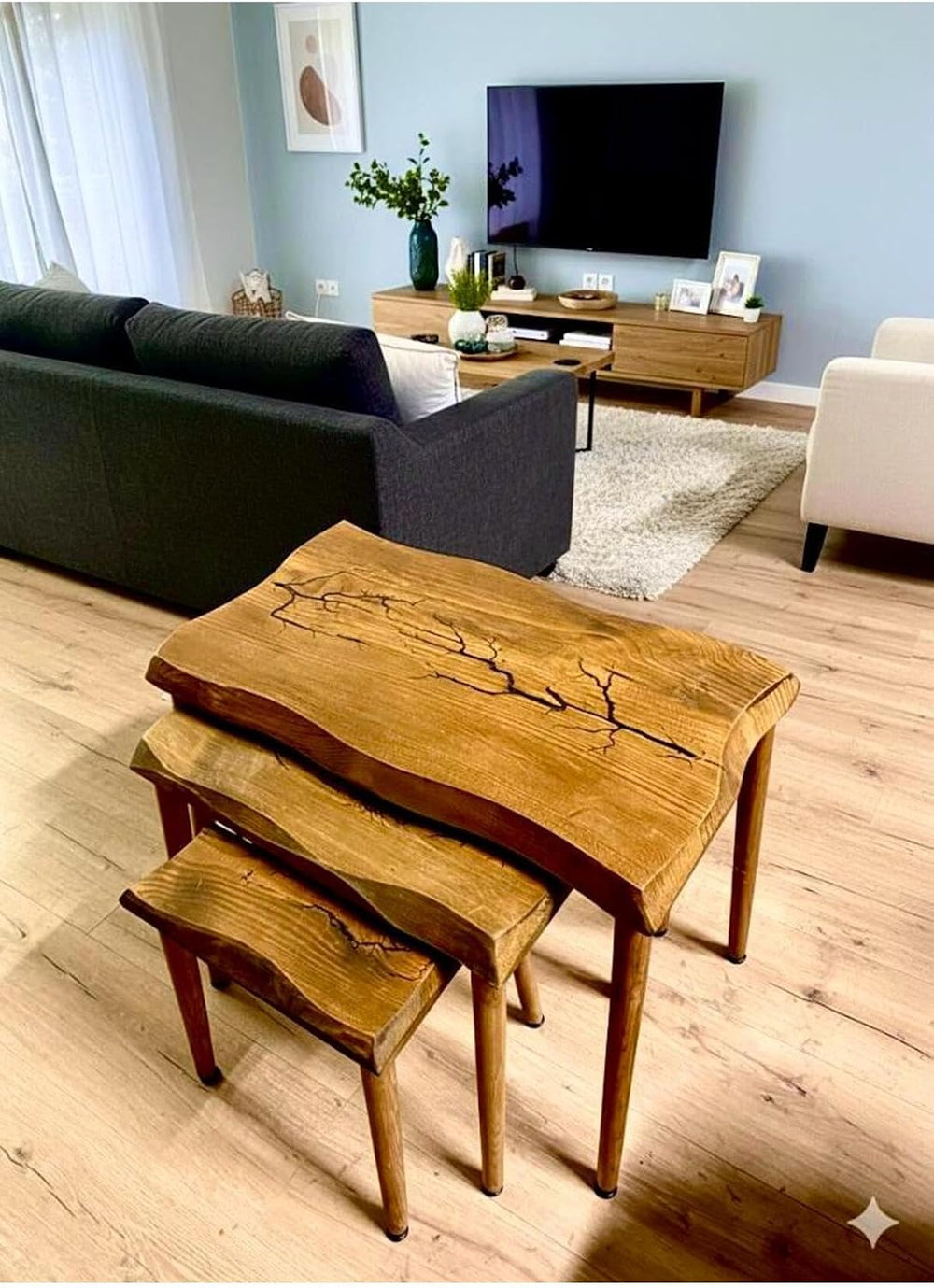 SODEF Handmade Walnut Wood Nesting Side Table Set of 3, Retro Style, Wood Gra...