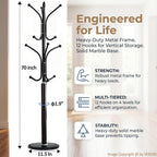 12 Hooks Metal Coat Rack Freestanding Coat Tree with Marble Base, Heavy Duty Coat Rack Stand for Clothes Hats Bags, Coat Hanger Stand for Corner Entryway Bedroom Office (Black)