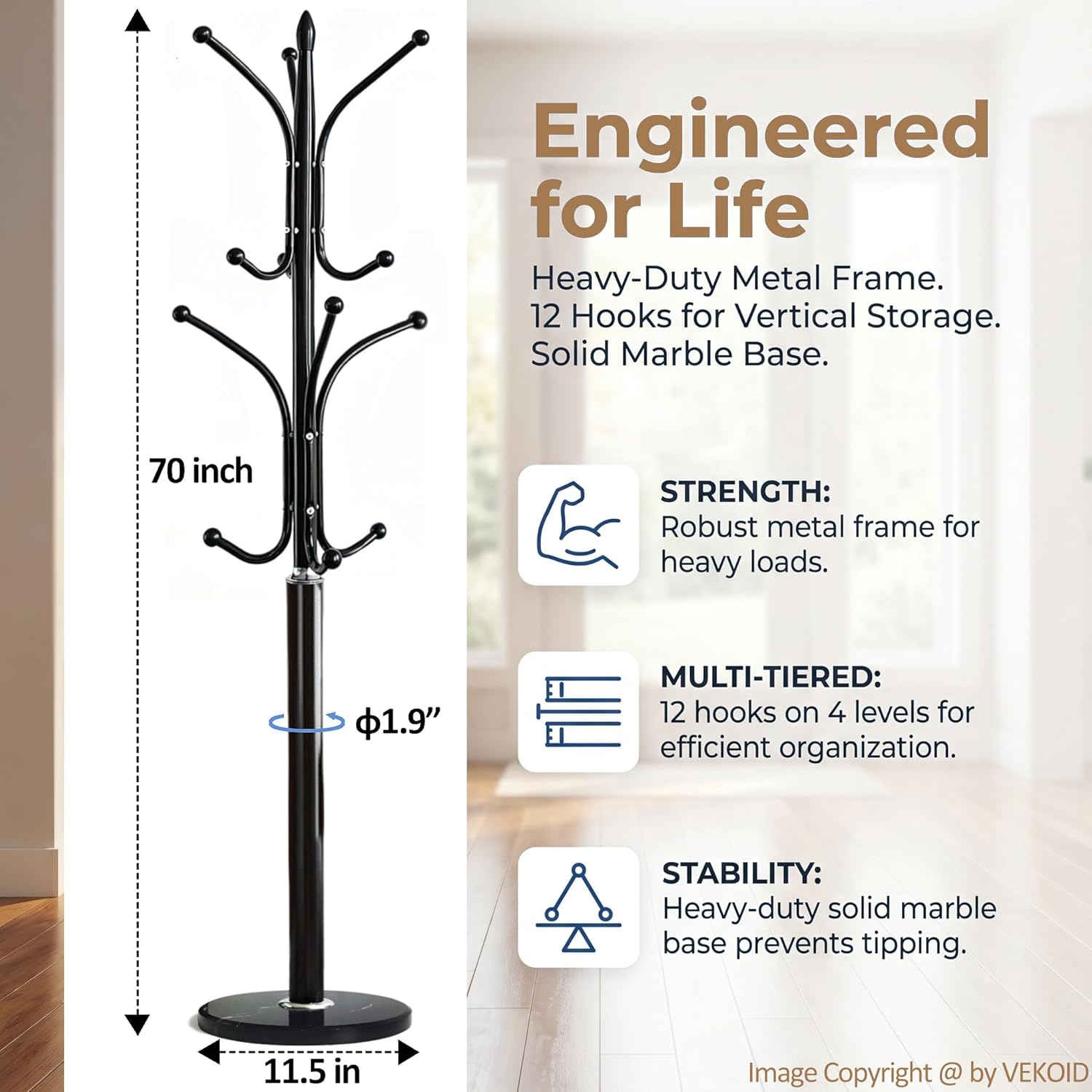 12 Hooks Metal Coat Rack Freestanding Coat Tree with Marble Base, Heavy Duty Coat Rack Stand for Clothes Hats Bags, Coat Hanger Stand for Corner Entryway Bedroom Office (Black)