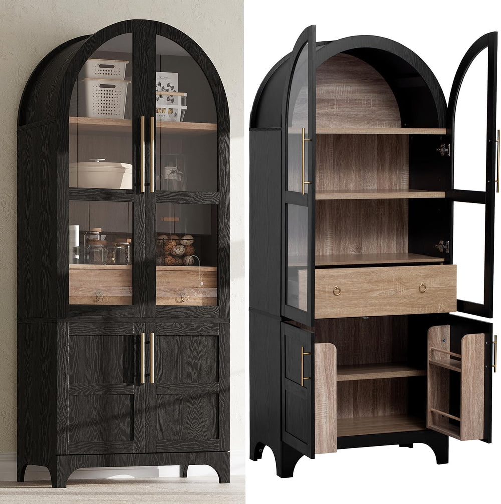 71'' Tall Arched Cabinet with Glass Doors, Farmhouse Kitchen Pantry C...