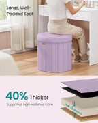 SONGMICS Mazie Collection - Round Storage Ottoman, Folding Footrest Stool with Removable Lid, Easy Assembly, Velvet Vanity Stool for Bedroom, Living Room, Entryway, Purple ULSF608PE01