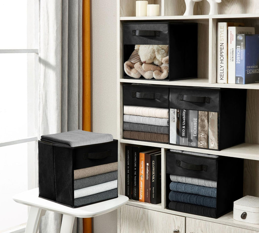 DECOMOMO Storage Bins, Cube Storage Bin with Window | 11" Cube, 6 Pack, Fabric Storage Cubes for Shelves (Black)