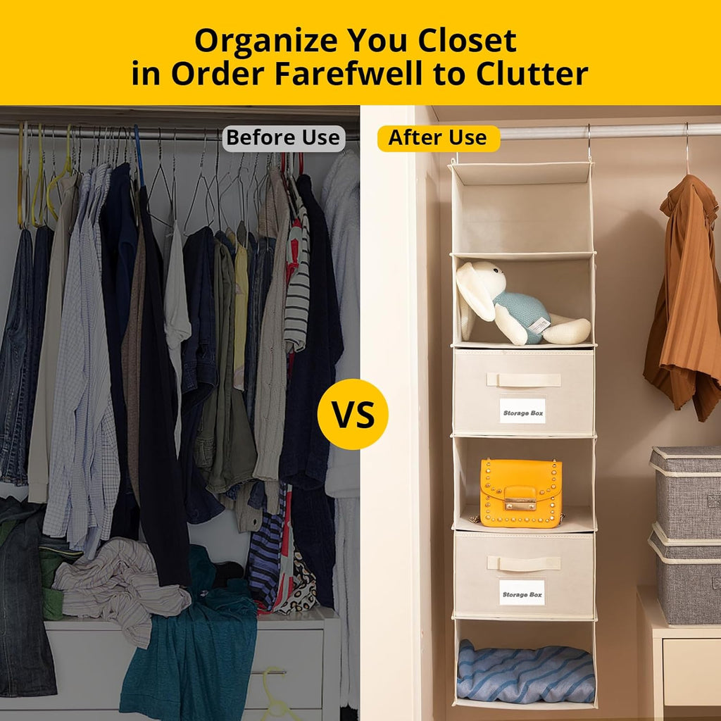 2 Pack 6 Shelves Hanging Closet Organizer with 2 Drawer, Hanging Storage with 4 Side Pockets for Clothes Shoes, 43.5"x12"x12"(Beige)