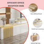 Receptionist Desk with LED Light，Wooden Salon Checkout Counter with Storage Drawer & Keyboard Tray Modern L-Shaped Reception Desk for Barbershop Office Company Store