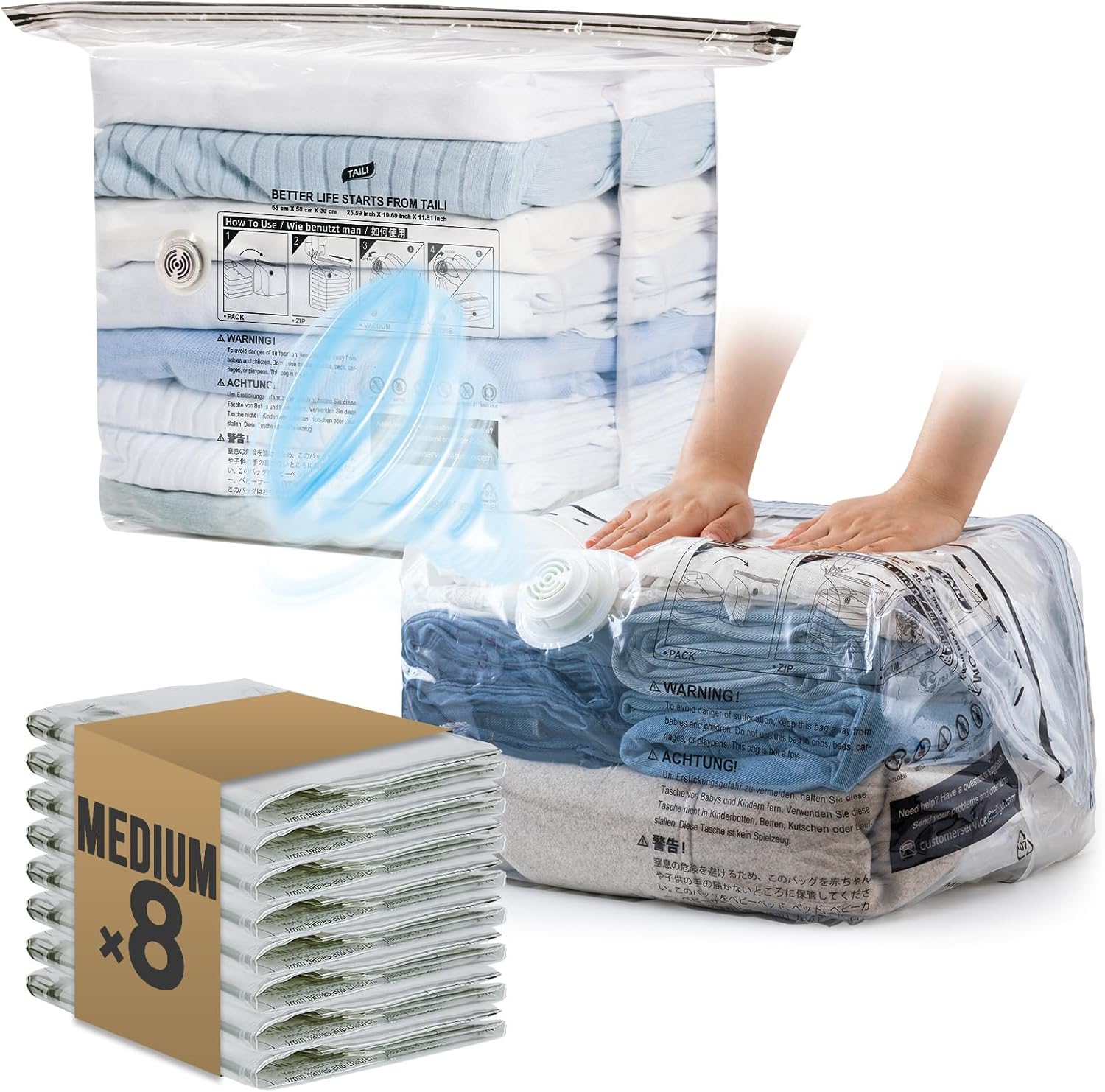 TAILI 8 Pack Cube Vacuum Storage Bags, Medium Size (25x19x11 inch), Vacuum Seal Bags for Clothing, Travel Compression Packing for Clothes, Blankets, Baby Clothes, Travel Accessories