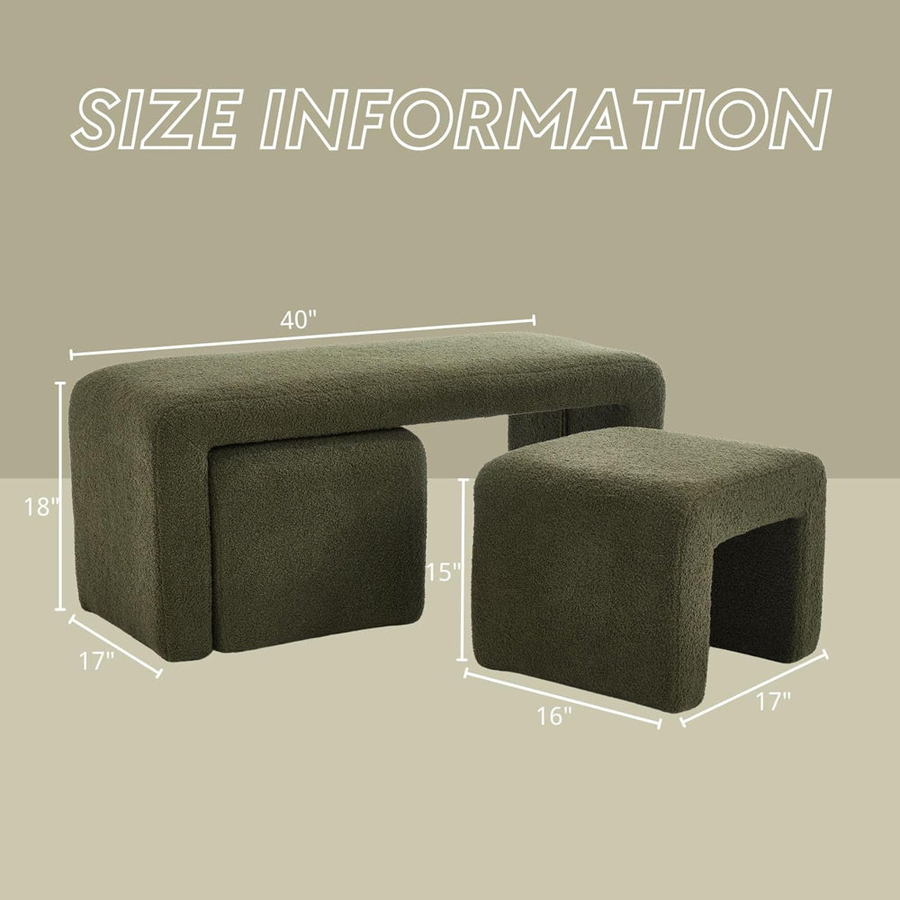 ROCITY Green Boucle Bedroom Bench Small Upholstered Entryway Bench Modern She...