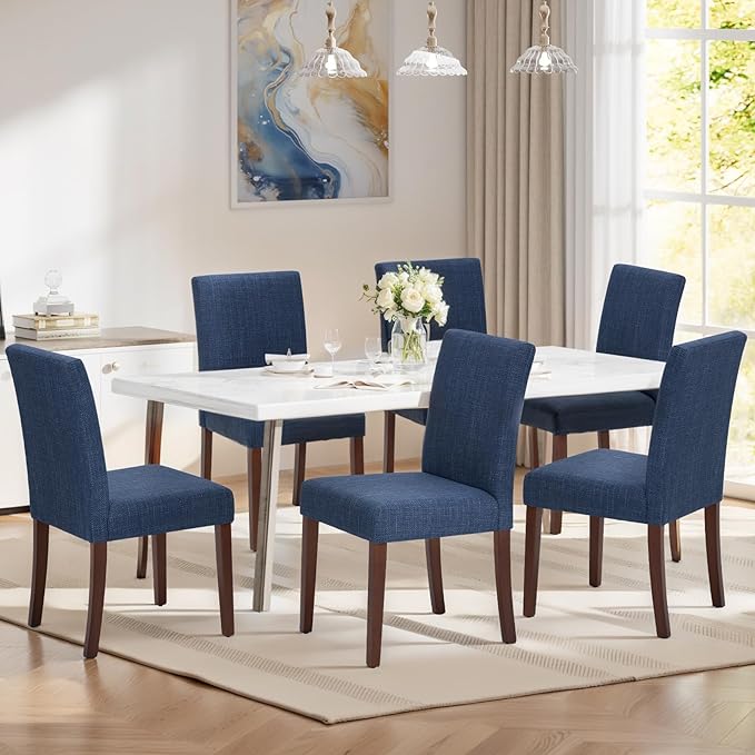Upholstered Dining Chairs Set of 6, Modern Fabric Dining Room Chair, Wooden Dining Chair, Kitchen Side Chairs, Farmhouse Dinner Chair with High Back for Kitchen, Blue