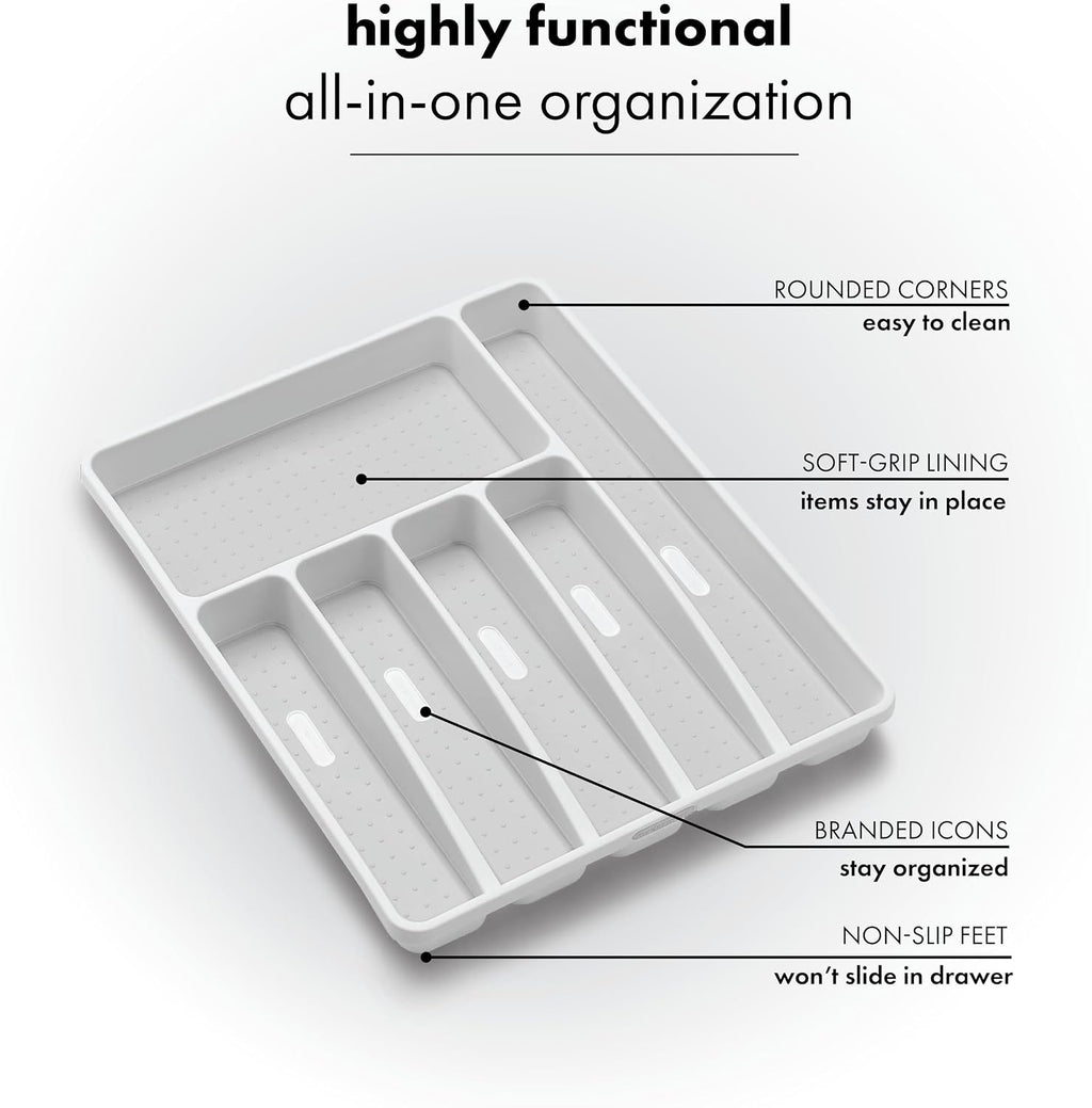 madesmart Classic Large Silverware Tray - White |Classic Collection | 6-Compartments| Kitchen Drawer Organizer | Soft-Grip Lining and Non-Slip Rubber Feet | BPA-Free (Pack of 6)