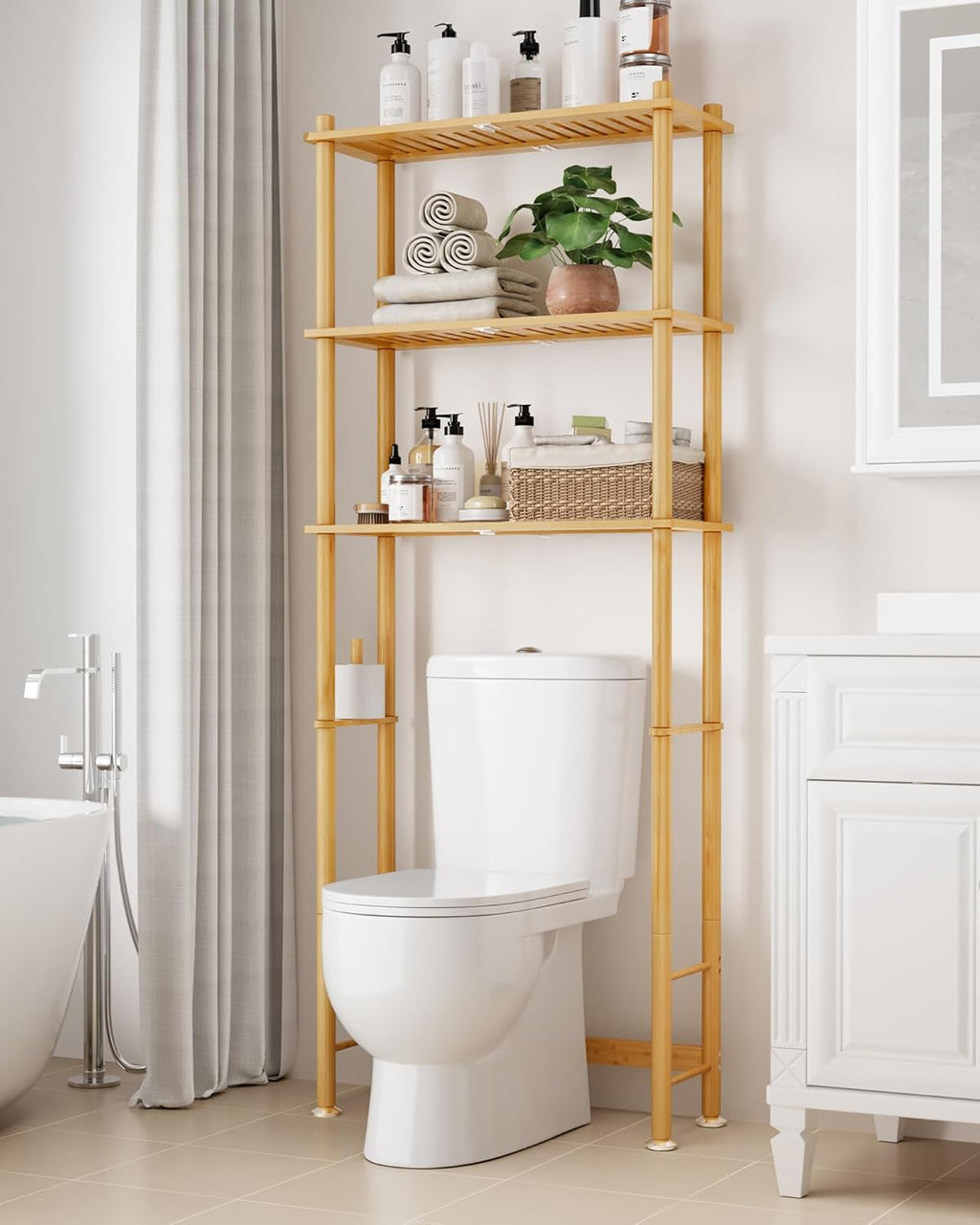 Kitsure Over The Toilet Shelf - 3-Tier Bamboo Bathroom Organizers and Storage with Paper Holder, Over Toilet Bathroom Organizer with Wall Anchor for Balcony, Laundry, Natural, 3 Tiers (63" H)