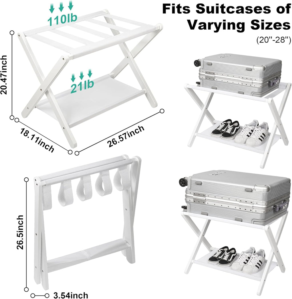 VASMIA Luggage Rack, Folding Suitcase Stand with Storage Shelf,Bamboo Luggage Stand for Guest Room,Bedroon and Hotel,Holds up to 131 lb,Fit Most Luggage Size,White