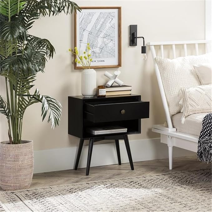 Walker Edison Ella Mid Century Modern 1 Drawer Solid Wood Nightstand, 1 Pack, Black