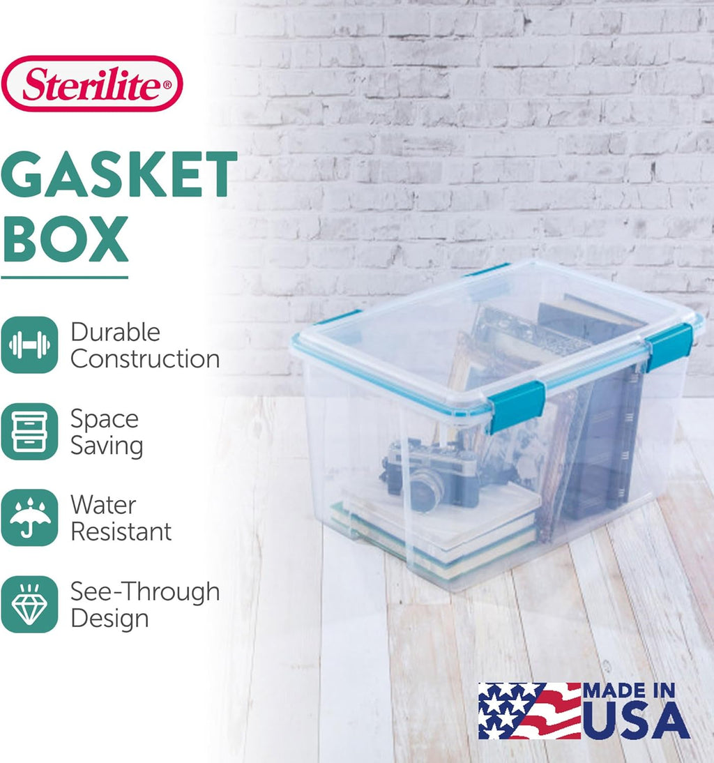 Sterilite 4-Pack Gasket Box, Weather-Resistant Storage Bins with Latching Lids, 54 Quart - Heavy-Duty Organizing Containers for Closet, Bathroom, and Office