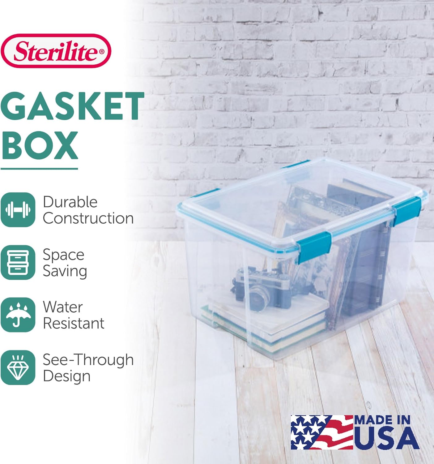 Sterilite 16-Pack Gasket Box, Weather-Resistant Storage Bins with Latching Lids, 54 Quart - Heavy-Duty Organizing Containers for Closet, Bathroom, and Office