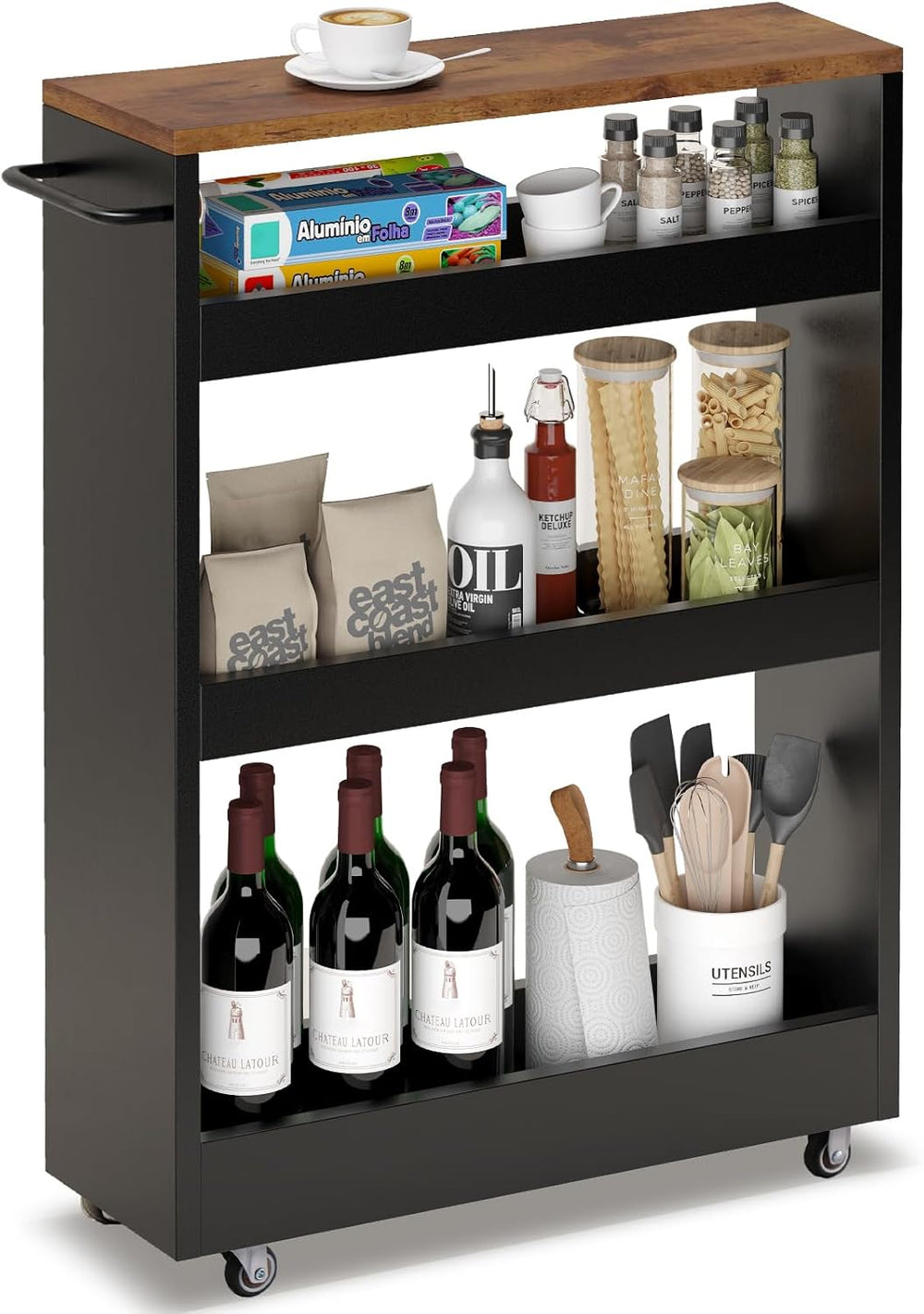 TEAMIX Wood 4-Tier Slim Rolling Storage Cart, 7.9"W, 24.8"D, 36.7&q...