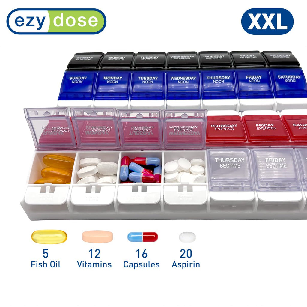 EZY DOSE Weekly (7-Day) Pill Organizer, Vitamin Container, and Daily Medicine Planner, 2X-Large Push Button Compartments, Arthritis Friendly, Easy to Use, 4 Times a Day, Color-Coded Lids, BPA Free