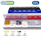 EZY DOSE Weekly (7-Day) Pill Organizer, Vitamin Container, and Daily Medicine Planner, 2X-Large Push Button Compartments, Arthritis Friendly, Easy to Use, 4 Times a Day, Color-Coded Lids, BPA Free