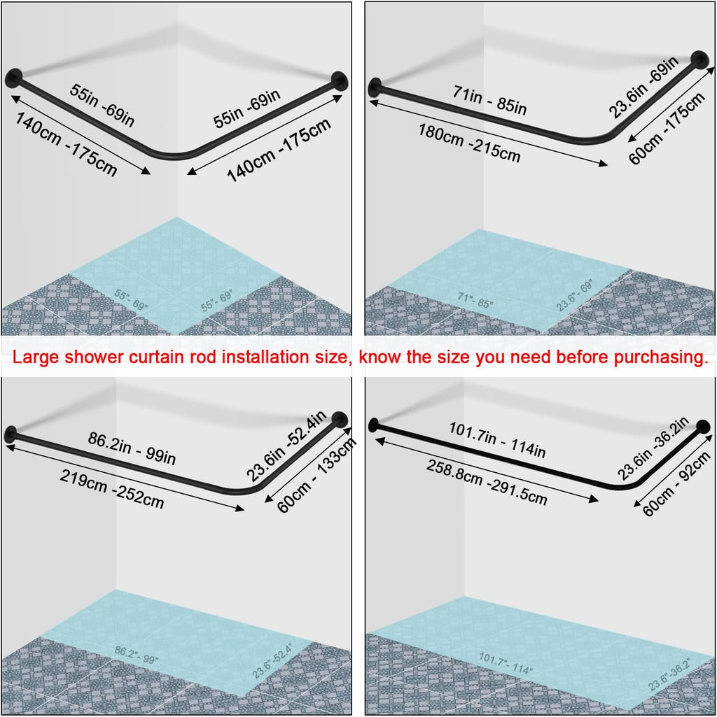 Stretchable 304 Stainless L Shaped Bathroom Bathtub Corner Shower Curtain Rod Rack (Black 24"-69" x 24"-85", Maximum size 114''), Drill Free Install, for Bathroom,Clothing Store,Private space