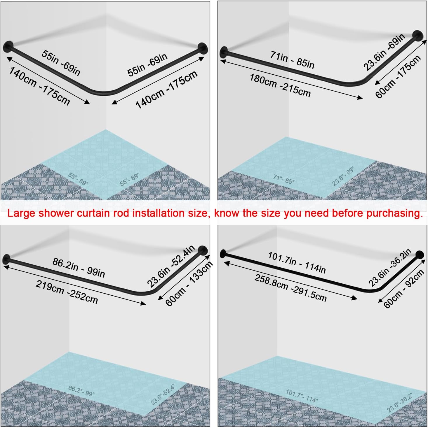 Stretchable 304 Stainless L Shaped Bathroom Bathtub Corner Shower Curtain Rod Rack (Black 24"-69" x 24"-85", Maximum size 114''), Drill Free Install, for Bathroom,Clothing Store,Private space