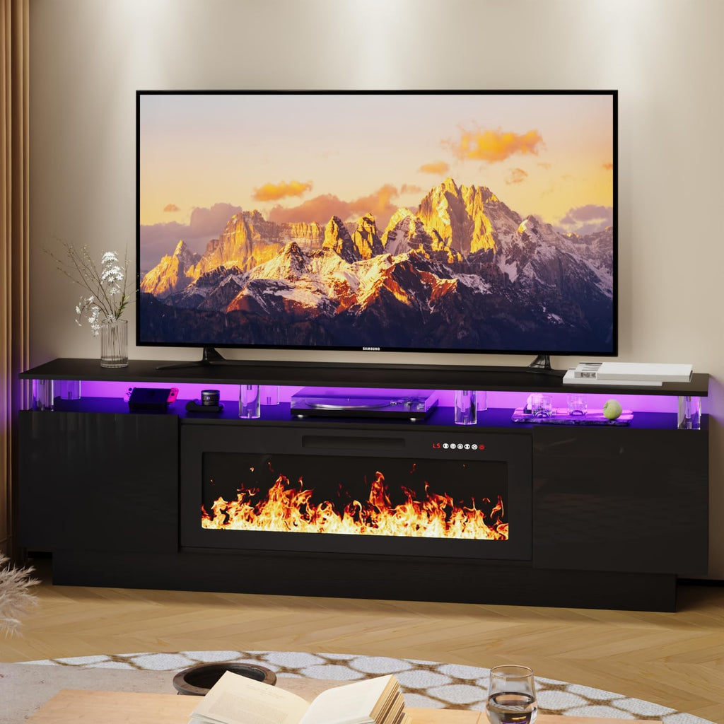 70" Fireplace TV Stand for TVs up to 80 Inches with 36'' Electric Fireplace & Remote, Modern Entertainment Center with LED Light,Woodeen TV Console for Living Room, 8 Acrylic Posts, Black