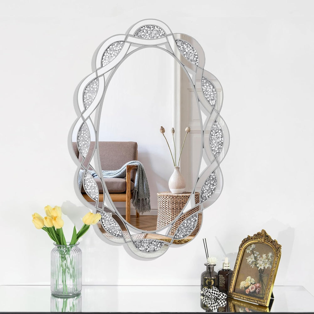 Crystal Decorative Wall Mirror, 24" x 36" Oval Silver Crushed Diamo...