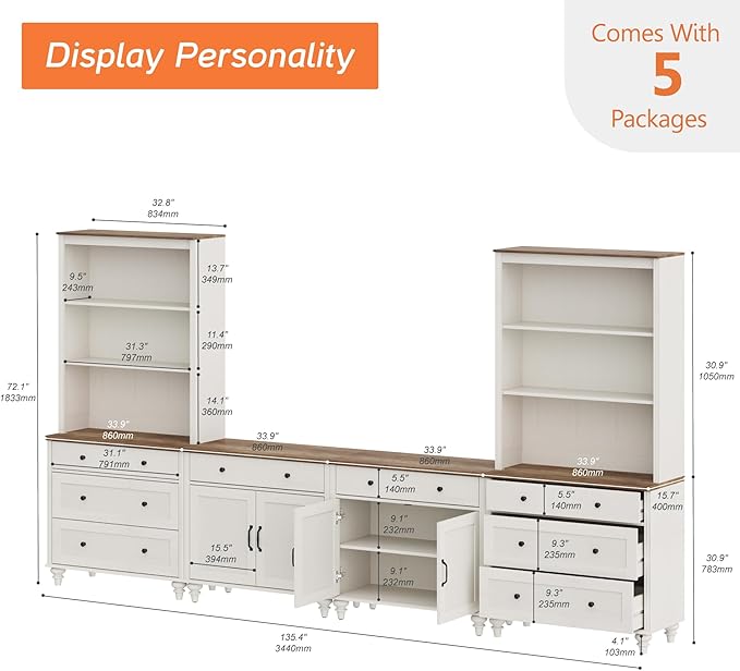 WAMPAT Entertainment Center with Bookshelves for TVs up to 75", Farmhouse Wall Unit TV Stand with Doors & Drawer, Media Console Table for Living Room, Bedroom & Home Theater, White