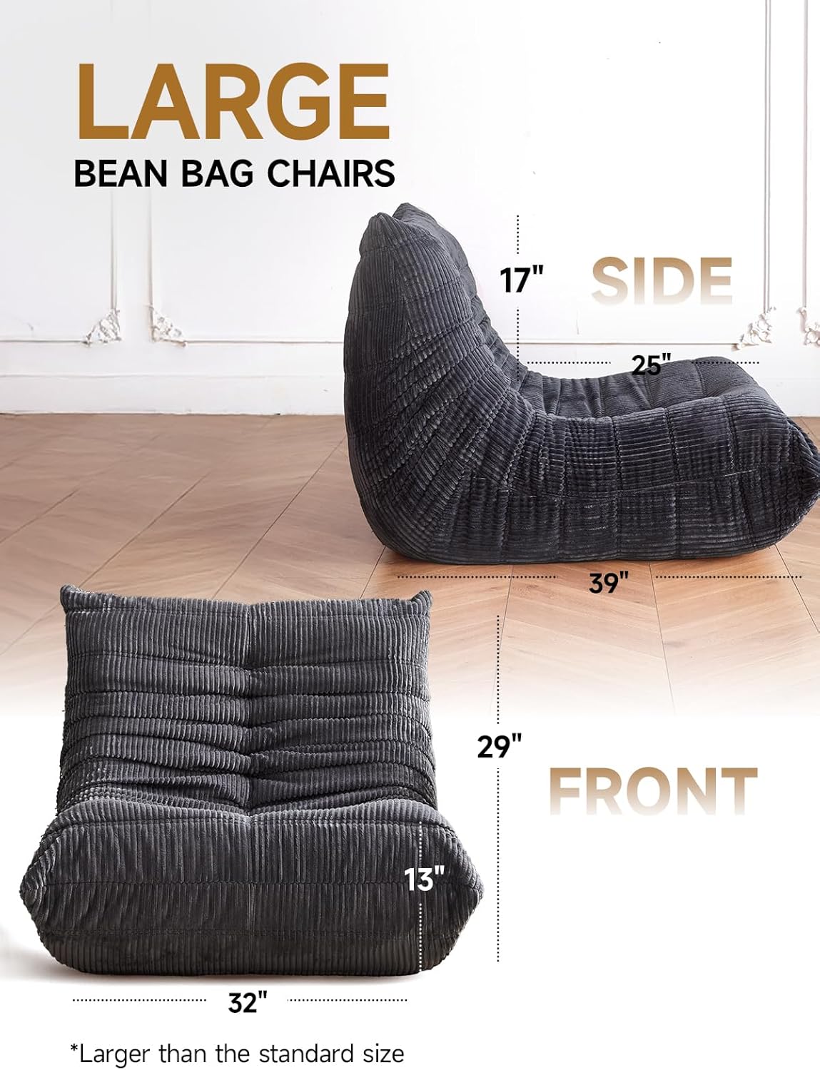 ZCUBED Large Bean Bag Chairs for Adults, Memory Foam Lounge Chair, Soft Corduroy Big Bean Bag Chair Lazy Sofa, Comfy Floor Beanbag Chair Single Sofa for Bedroom Living Room Fireside Book Nook, Grey