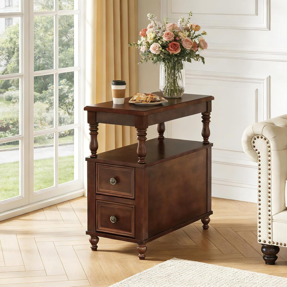 Tribesigns Solid Wood End Table, Vintage Side Table with 2 Drawers & 2-Ti...