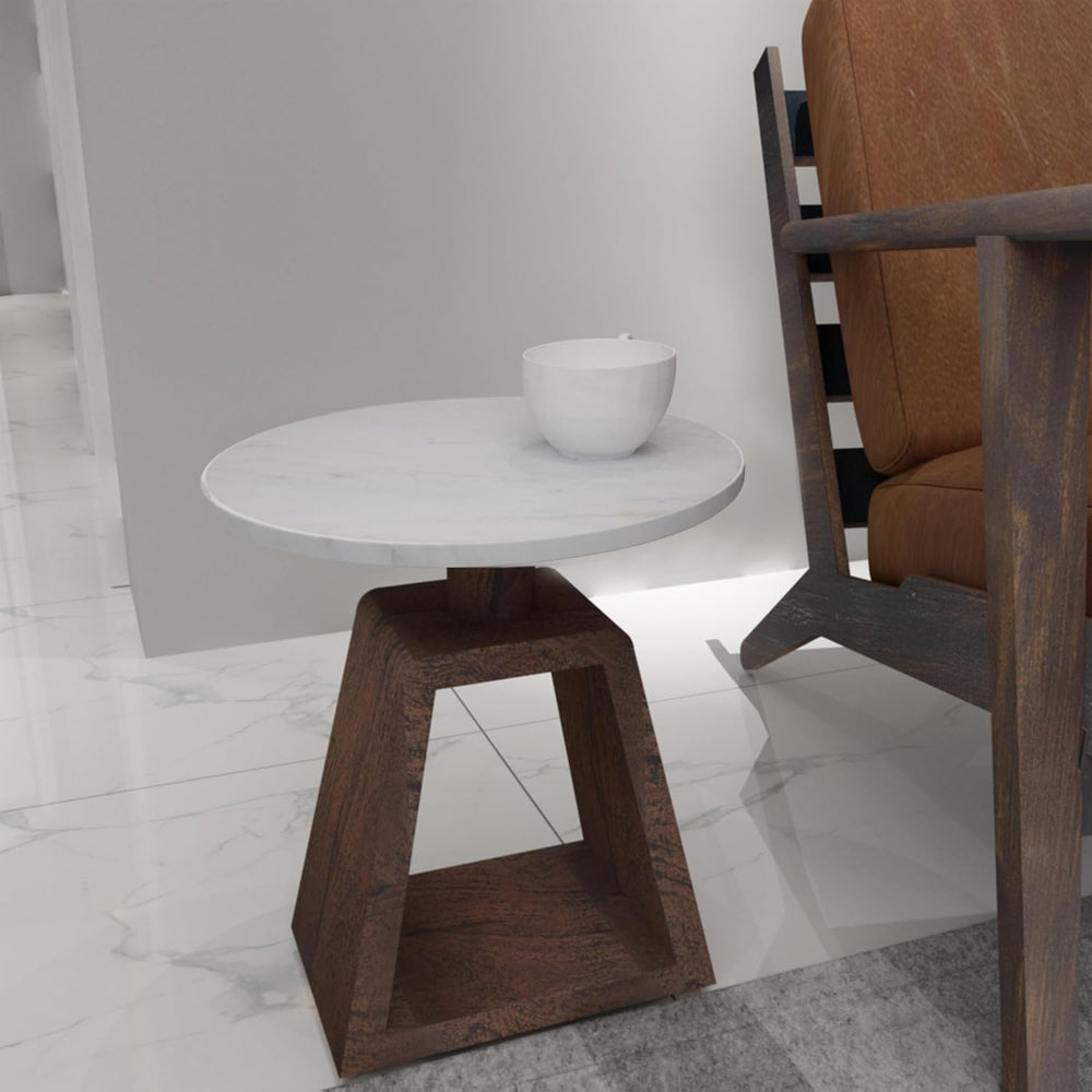 Port Blair Side End Table, 16.5 Inch Height, Round White Genuine Marble Top, ...