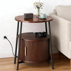 DHH Round End Tables with Charging Station, Fluted Accent Side Table with Sliding Door, Mid-Century Modern Nightstand for Small Space Storage, Living Room, Bedroom,Sofa Couch(1, Walnut)