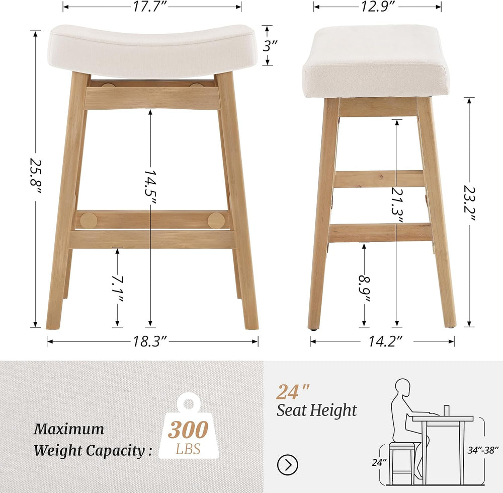 Cozyman Bar Stools Set of 2, Barstools with Sturdy Wood Legs, Saddle Seat Cou...