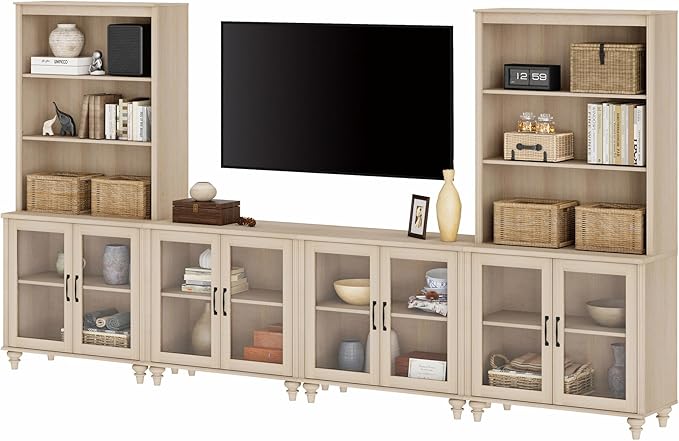 WAMPAT Entertainment Center with Bookshelves for TVs up to 75", Farmhouse Wall Unit TV Stand with Glass Doors, Media Console Table for Living Room, Bedroom & Home Theater, Light Oak