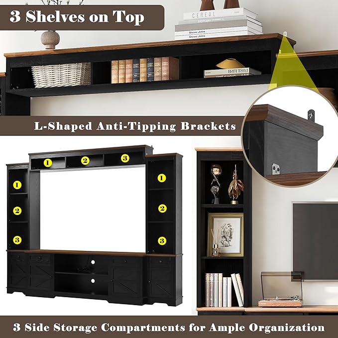 98.8" W Wall Unit Entertainment Center with Bookshelves for TVs up to 80", Modern TV Stand Media Console with Cabinets and Adjustable Shelves for Living Room (Black+Brown2)