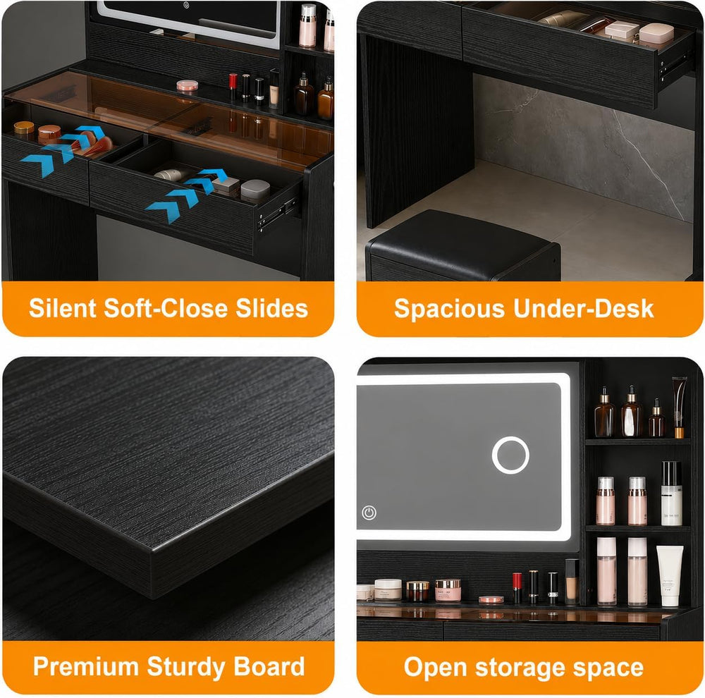 Makeup Vanity Desk with Smart LED Mirror & RGB Lights, Glass Top Peach Mo...