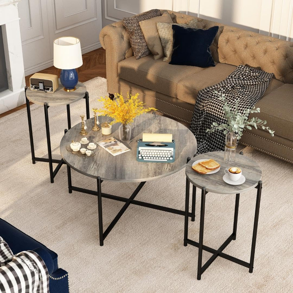 DKLGG Round Coffee Table Set of 3, Farmhouse Wooden Coffee Table and 2 End Ta...