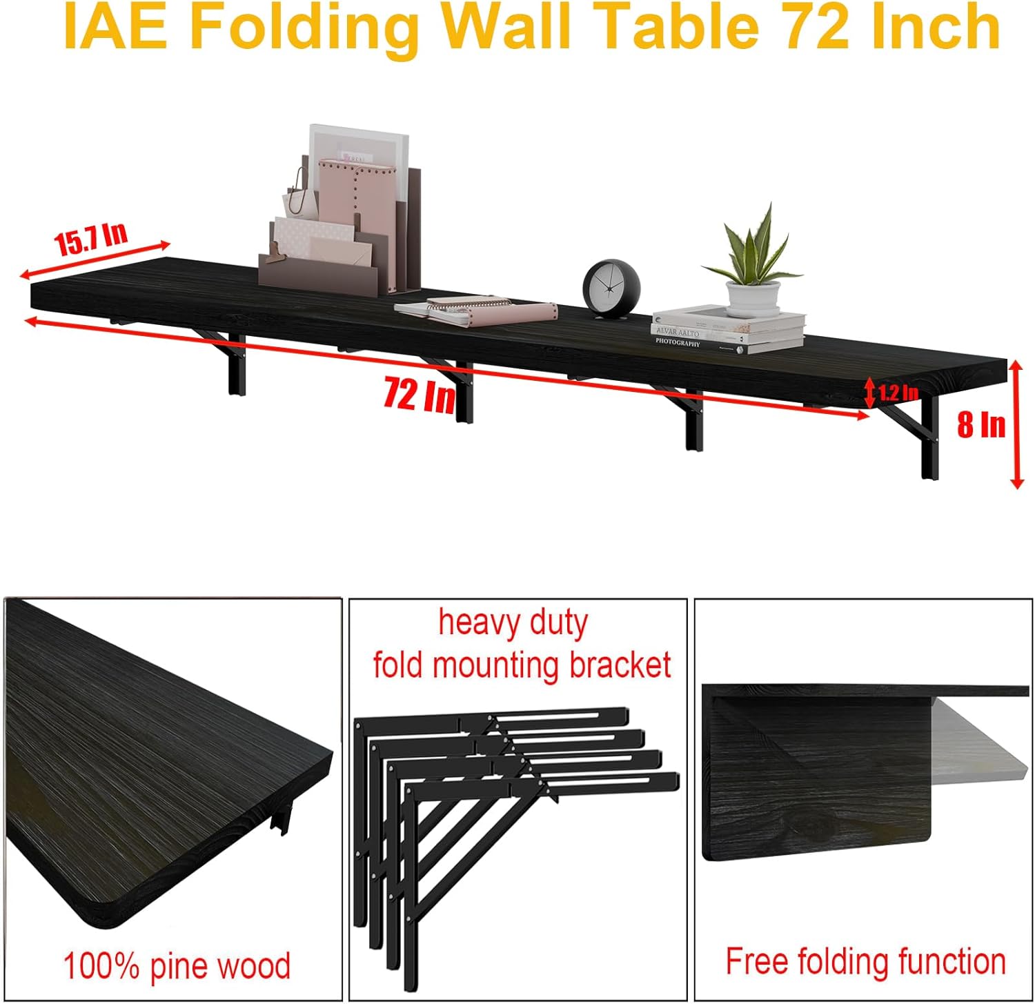 IAE Wall Mounted Folding Table with Pine Wood,72" x 16" Floating Wall Desk,Laundry Folding Table with Shelf Brackets,Fold Down Desk Shelf,Folding Workbench for Home,Dining,Laundry Room,Kitchen,Black