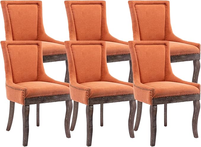 Modern Dining Chairs Set of 6, High Back Dining Chairs Side Chairs with Solid Wood Legs, Upholstered Fabric Dining Room Chairs for Dining Room Kitchen, Orange