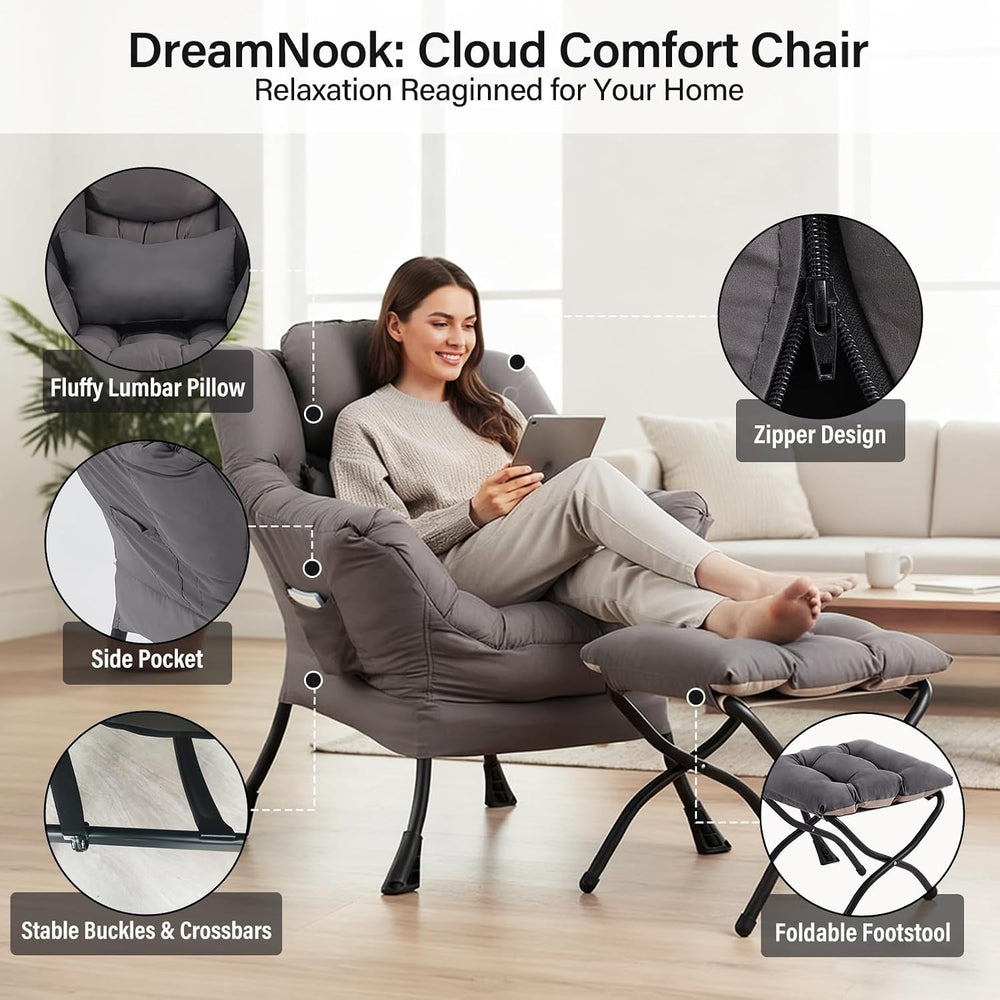 Lazy Chair with Ottoman, Comfy Chair with Pillow，Dark Grey