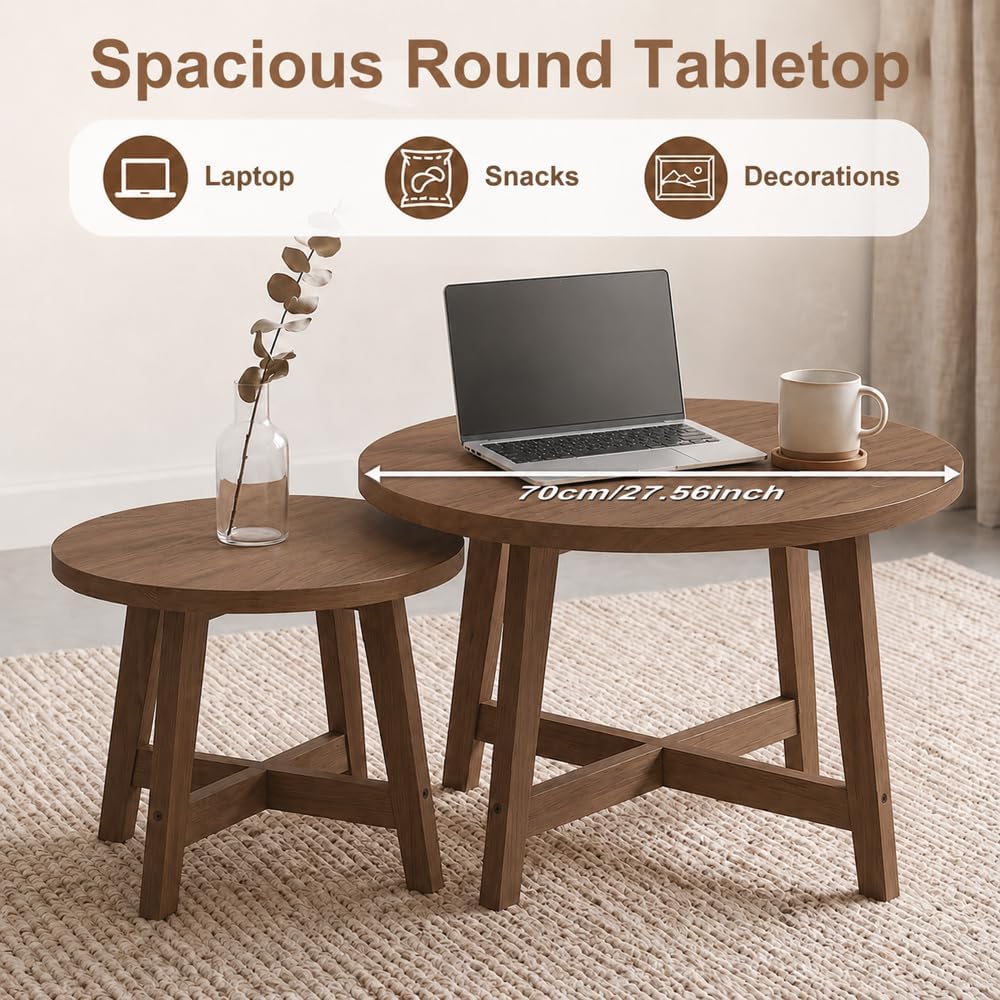 Set of 2 Round Nesting Coffee Tables,Walnut Tone | X-Shaped Frame, Stackable ...