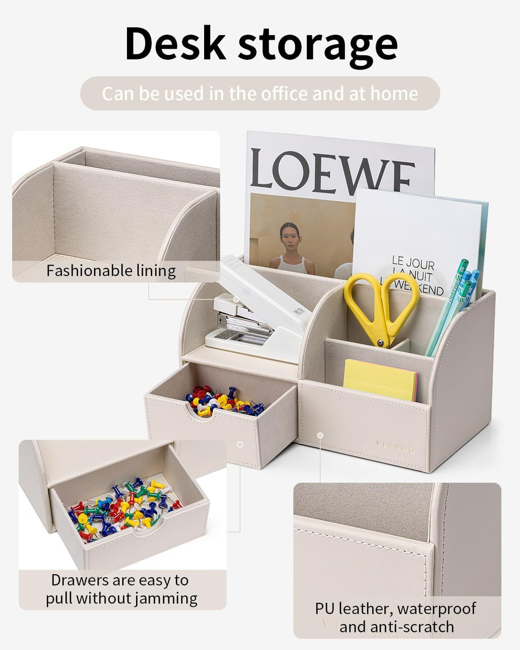 Vlando Office Desk Organizer Leather Desktop Organizer Caddy with Drawer for Storing Desktop Supplies and Accessories (White)
