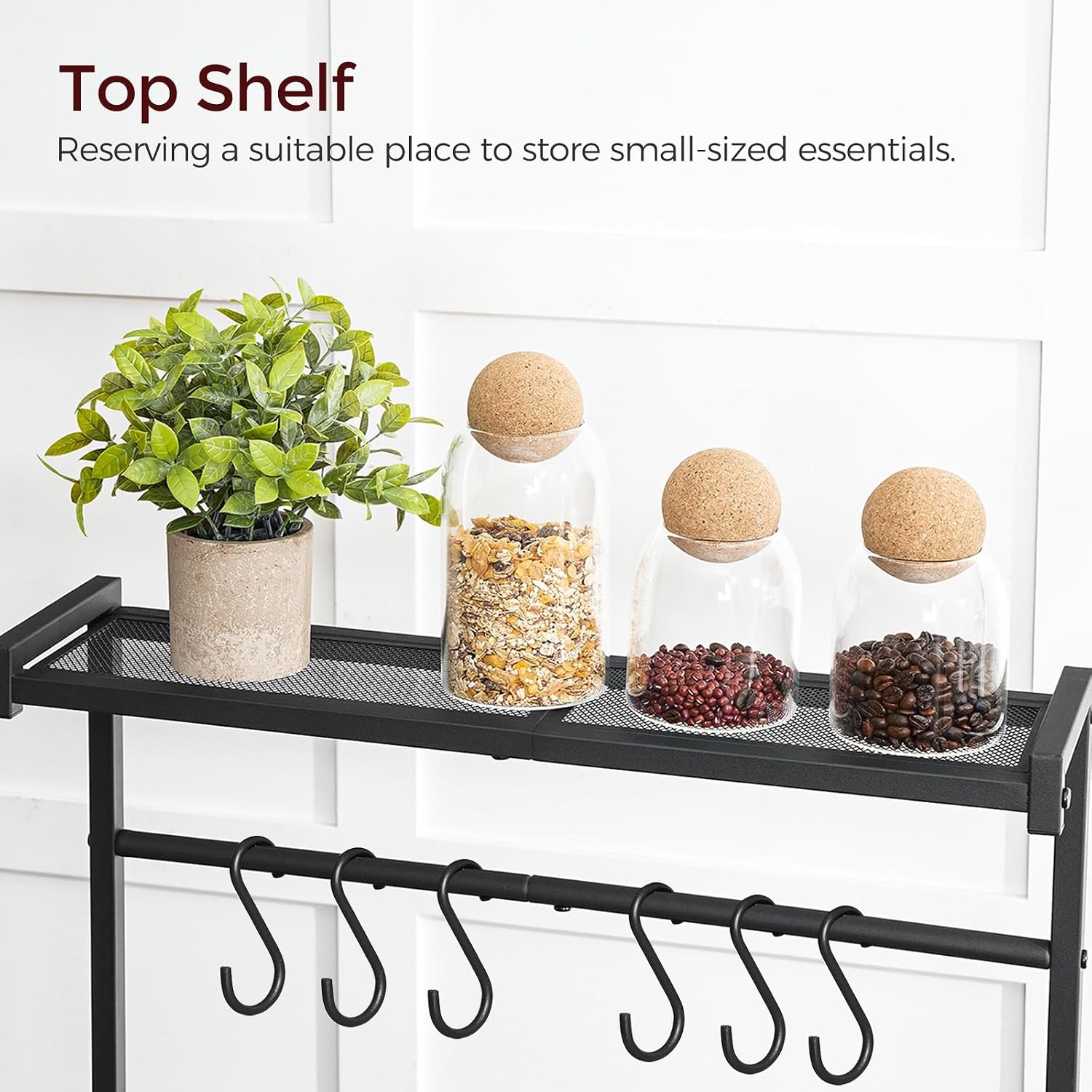 MAHANCRIS Bakers Rack with Power Outlet, Kitchen Storage Shelf with 6 Hooks, Microwave Stand with Storage, 4-Tier Coffee Bar Station, for Kitchen, Dining Room, Black BRBK35E01