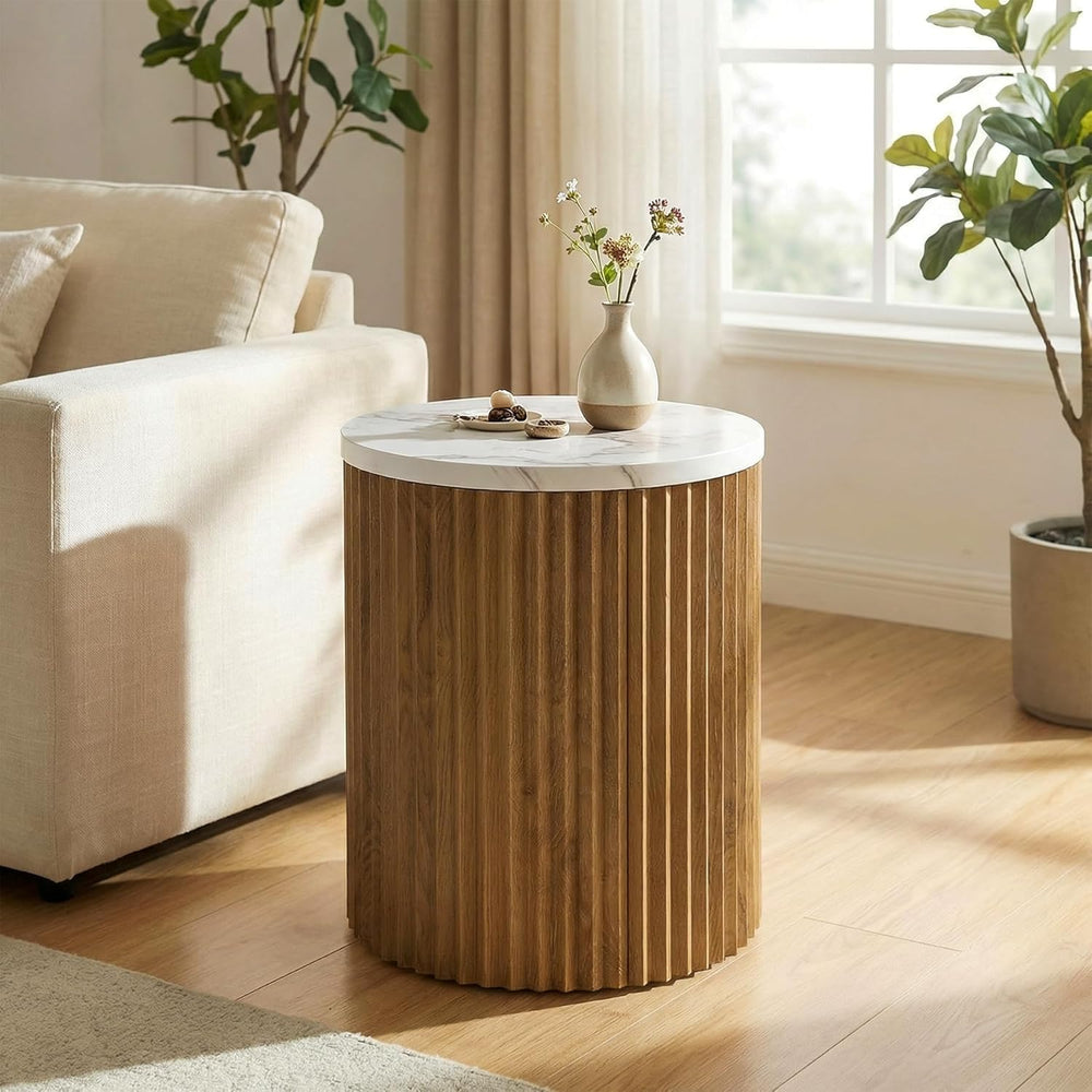 23.6-inch Round Side Table with Faux Marble Top, Drum Shape & Fluted Base...