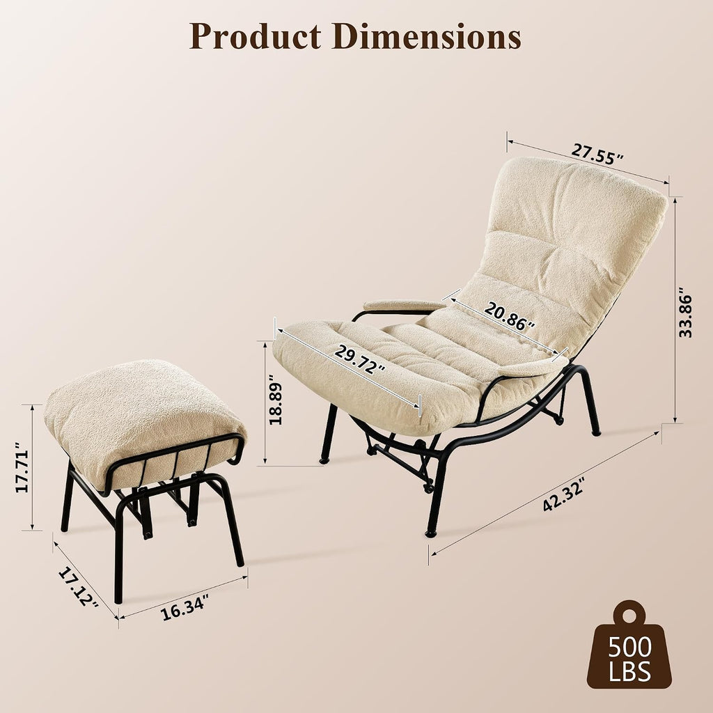 Lazy Lounge Chaise Chair with Ottoman, Cozy Accent Rocking Chairs for Adults with Arm Cushion Armrest, Comfy Reading Book Chair with Gilder Ottomans for Bedroom Living Room, Beige, Sherpa Fabric