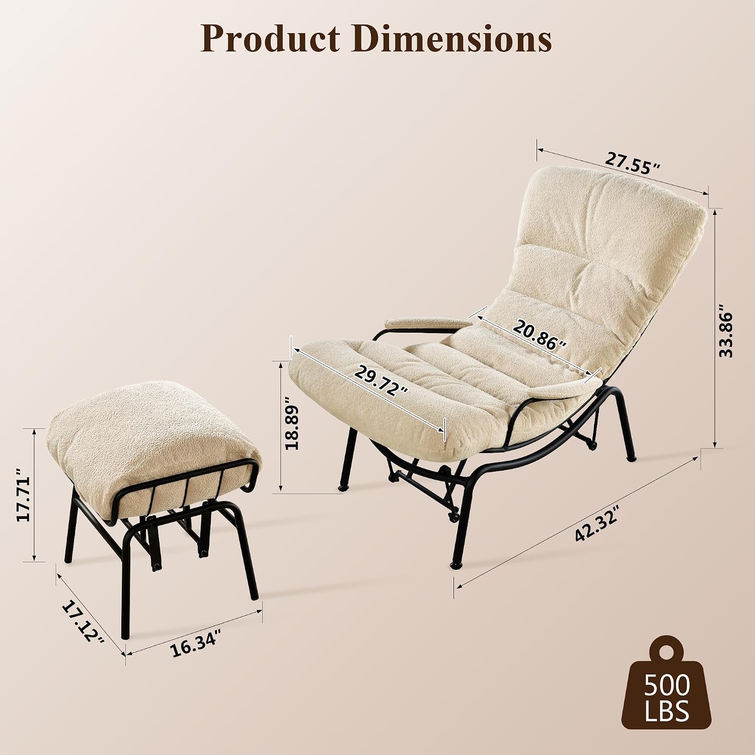Lazy Lounge Chaise Chair with Ottoman, Cozy Accent Rocking Chairs for Adults with Arm Cushion Armrest, Comfy Reading Book Chair with Gilder Ottomans for Bedroom Living Room, Beige, Sherpa Fabric