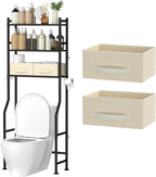 3 Tier Over The Toilet Storage Rack with 2 Basket, Metal Freestanding Bathroom Shelves Toilet with Paper Holder and 4 Hooks, Over Toilet Storage Shelf for Bathroom Storage, Black