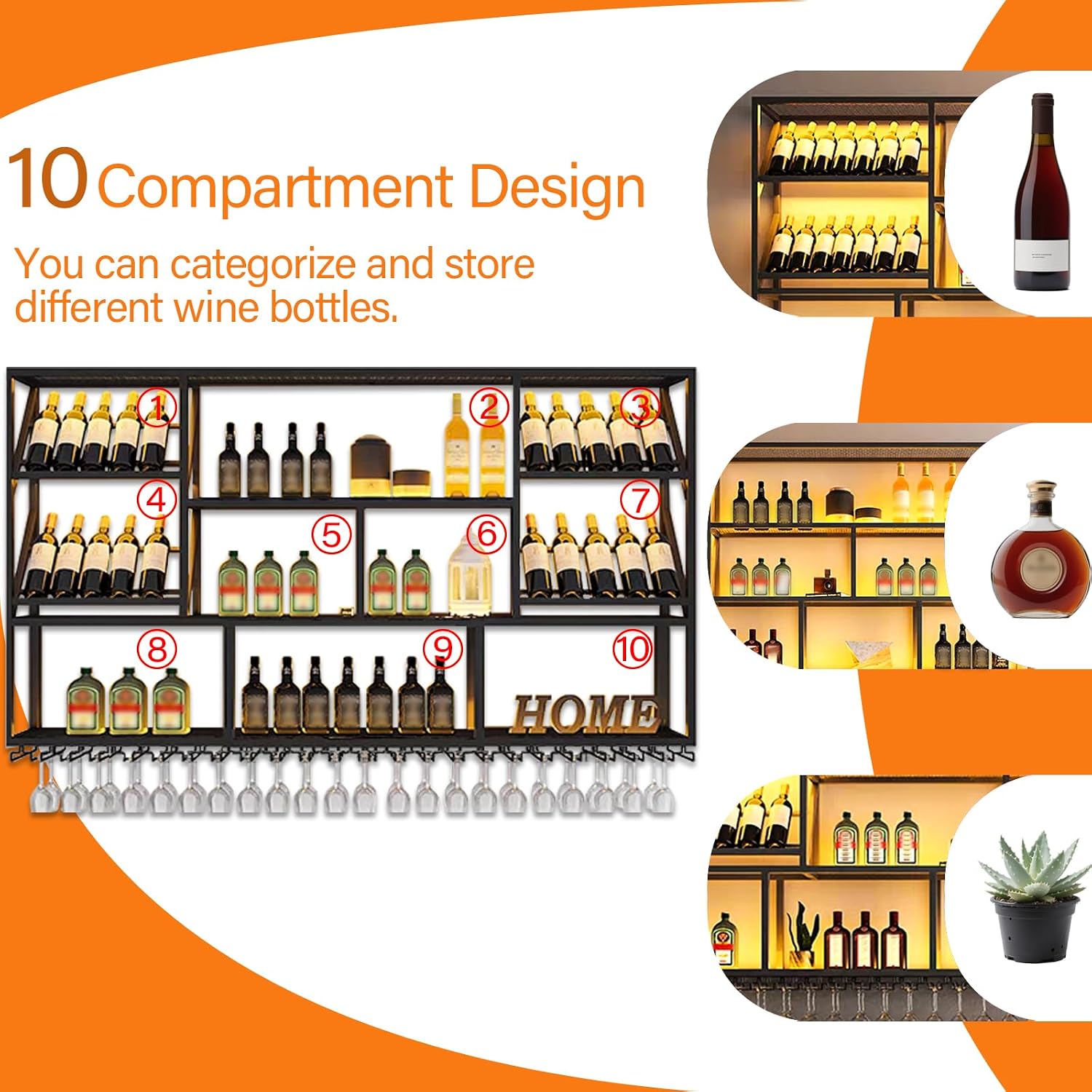 59" Wall Mounted Wine Rack, 3-Tier Liquor Shelf with Glass Holder | Large metal wines bottle display shelf, modern bar shelves. For Kitchen Dining Bar Home