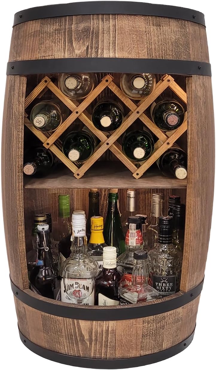 Fassbar L.E.D. with Wine Holder Wine Rack - Wooden Barrel Home Bar 80 cm Rustic Decorative Bar Cabinet Wine Stand - Barrel Beer Wine Bottle Stand - Bar Whisky Gift (Dark Brown)