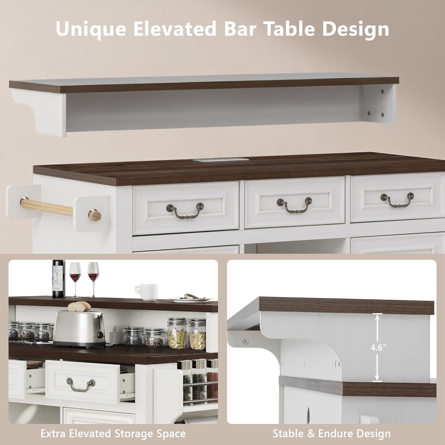 53.2" Two-Tier Kitchen Island with Power Outlet, Rustic White | Rolling Bar Cabinet with Storage, 4 Door Shelves, Adjustable Shelves, 3 Drawers for Kitchen